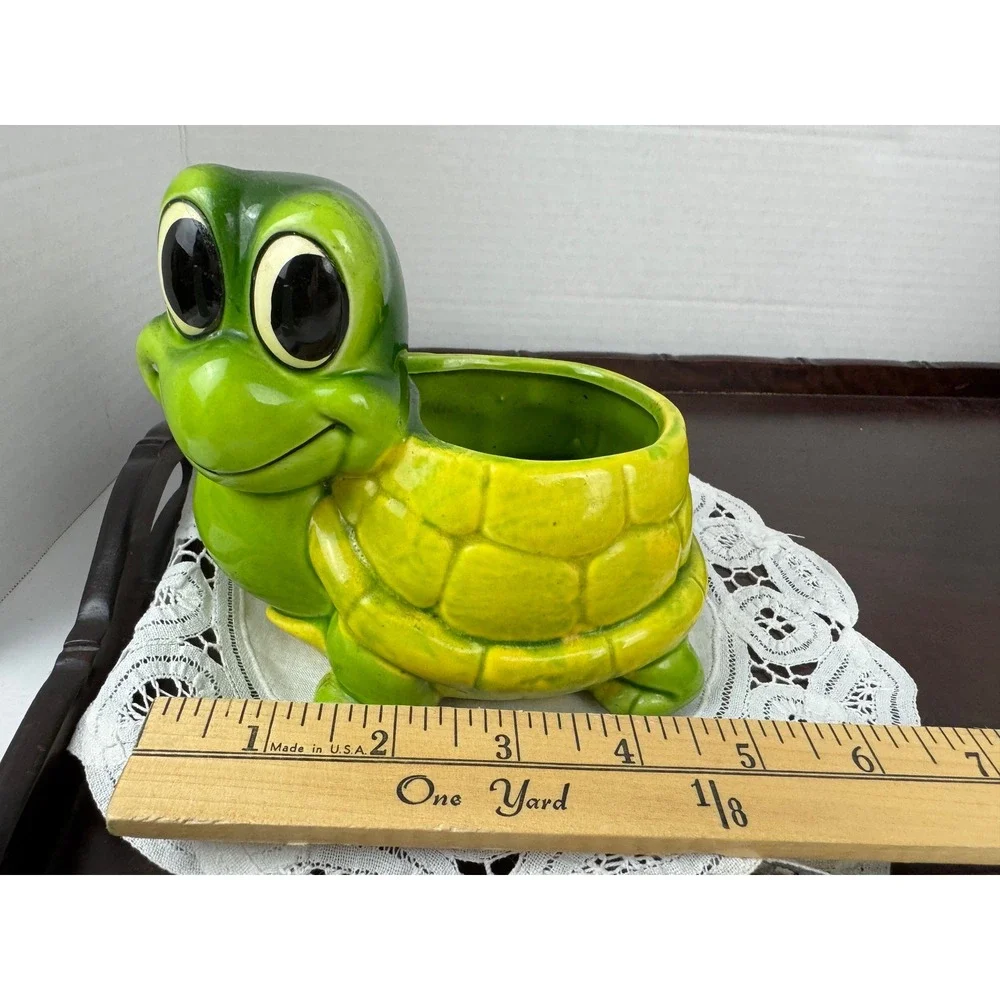 Vintage Ceramic Turtle Planter Green Yellow Anthropomorphic Tortoise Figurine - Picture 3 of 10